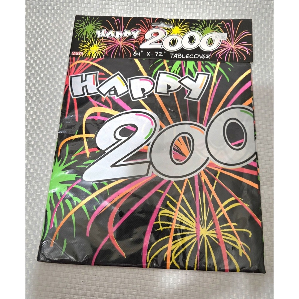 Vintage Happy 2000 Tablecloth 54x72 Fireworks Design MTC Plastic Tablecover